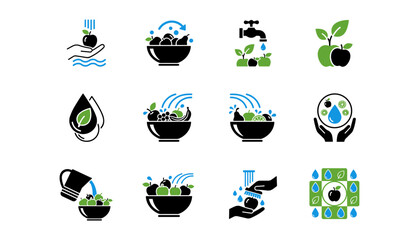 Wash fruits and vegetables icon set. Food safety and hygiene concept. Clean fresh organic food symbols. Vector illustration for healthy eating and produce preparation.