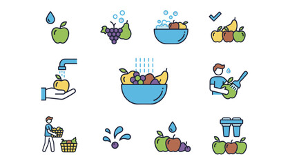 Washing fruits and produce icon set. Food safety and hygiene vector illustrations. Rinsing fresh fruit with water, cleaning in a bowl. Healthy food preparation concept.