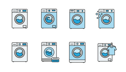 Washing machine vector icon set. Laundry service and laundromat graphic symbols. Clean clothes and household appliance concept. Front-load washer with water and soap bubbles.