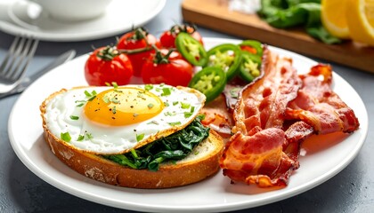 A delicious breakfast platter featuring a fried egg, toasted bread topped with spinach, and crispy bacon.