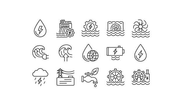 Water power and renewable hydro energy line icon set. Hydropower, tidal and wave electricity generation vector symbols. Sustainable resources and clean technology concept.