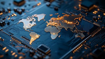 A white-gold and silver world map embedded on a microchip, symbolizing global semiconductor interconnectedness and the fusion of technology, trade, and international cooperation in the modern digital