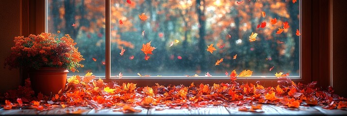 The view outside the window of falling leaves