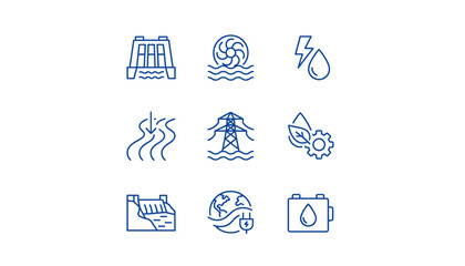 Hydroelectric power icon set. Renewable water energy concept. Vector line icons of hydro dam, water turbine, power station, electricity generation and sustainable technology.