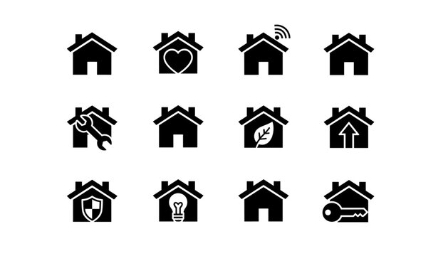 House icon set vector glyphs. Real estate property symbols. Home security, smart home wifi, repair, eco leaf, love heart, key, idea lightbulb. For sale or rent concepts. - Powered by Adobe