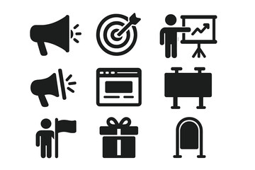 Advertising and marketing solid glyph icon set. Contains icons for promotion, announcement, branding, campaign, billboard, banner, target, presentation, and gift offer. Vector.