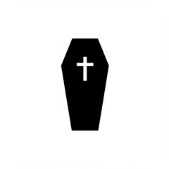 Obraz premium The minimalist illustration features a black, coffin-shaped silhouette with prominent white Christian cross centered on it, all set against plain background.