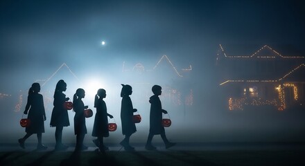 Silhouetted children in costumes carrying jackolanterns walk in fog on Halloween night past houses decorated with lights