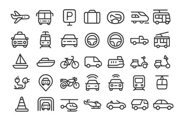 Transport icon set. Line art collection of transportation symbols. Car, bus, train, airplane, ship, bike for web, ui, ux design. Vector logistics and travel signs.