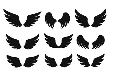 Fototapeta premium Black wings icon set. Angel wings silhouette collection. Vector flight and freedom symbol. Heraldic eagle wings for logo, emblem, badge. Fantasy bird feather shape design element.