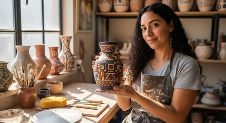 Potter proudly displaying her handcrafted vase in her workshop.