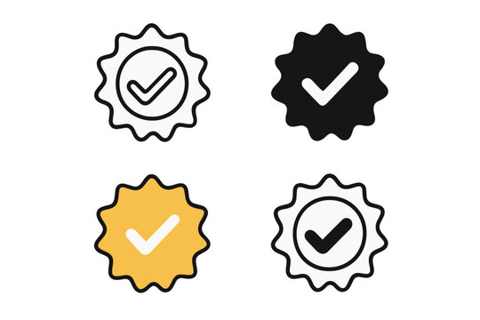 Verified badge icon set. Check mark tick symbol. Approved profile sign. Quality certificate seal. Social media checkmark label. Vector illustration for security and trust.