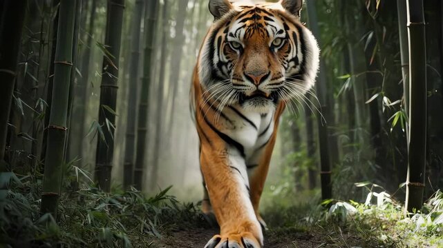 A cinematic tracking shot of a magnificent Siberian tiger moving with stealth and power through a bamboo forest. An intense and beautiful portrait of a critically endangered predator.