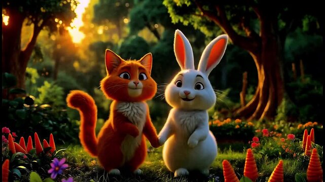 Animated white rabbit and ginger cat holding hands walking in a sunny forest. A charming fairytale scene representing improbable friendship unity love and togetherness. Storybook concept for children
