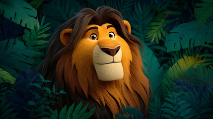 A friendly, animated lion with a golden mane peeks from lush jungle foliage under dim light at dusk