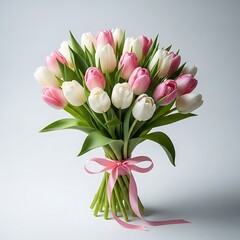 Elegant Bouquet of Pink and White Tulips with Ribbon.