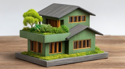 Detailed miniature model of a green eco-friendly house with lush gardening on a wooden base showcasing sustainable architecture and landscaping design ideas