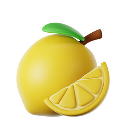 3D Rendered Realistic Lemon Fruit with Slice and Green Leaf Illustration