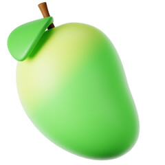 3D Rendered Green Mango Fruit with Leaf and Stem Isolated on Green Background