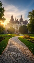 Vajdahunyad Castle Path at Sunset - A Majestic Hungarian Landmark.