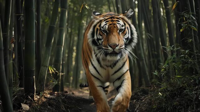 A cinematic tracking shot of a magnificent Siberian tiger moving with stealth and power through a bamboo forest. An intense and beautiful portrait of a critically endangered predator.