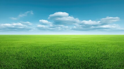 Obraz premium Expansive Green Meadow Under Bright Sky with Fluffy Clouds Illustrating Nature's Serenity and Peaceful Landscape in a Beautiful Daylight Setting