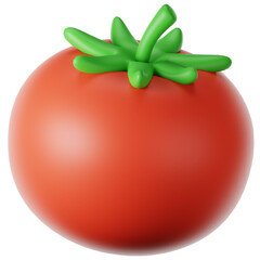3D Rendered Shiny Red Tomato with Green Stalks and Healthy Food Icon