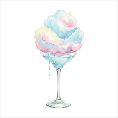 Watercolor Cotton Candy Cocktail in Martini Glass on White Background
