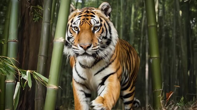 A cinematic tracking shot of a magnificent Siberian tiger moving with stealth and power through a bamboo forest. An intense and beautiful portrait of a critically endangered predator.