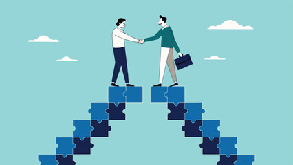 business agreement, cooperation in business to achieve certain targets, growth or progress to achieve goal and target, two business people shaking hands at the top of the ladder from puzzle

