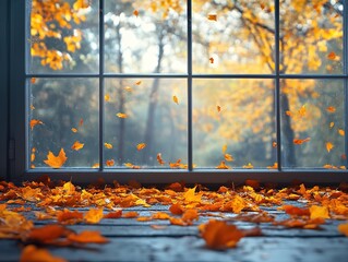 The view outside the window of falling leaves
