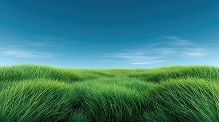 Lush Green Grass Landscape Under a Clear Blue Sky with Gentle Breeze, Ideal for Nature Themes and Outdoor Backgrounds in Various Creative Projects