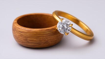 Elegant Engagement Ring with Sparkling Diamond Beside Minimalist Wooden Ring Box on Smooth Surface, Perfect for Wedding or Love-themed Designs, Inspirational Concept for Commitment