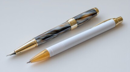 Elegant Writing Instruments Lying Side by Side on a Smooth Surface, Showcasing a Luxurious Fountain Pen with Marbled Design and a Simple Ballpoint Pen for Office or Personal Use