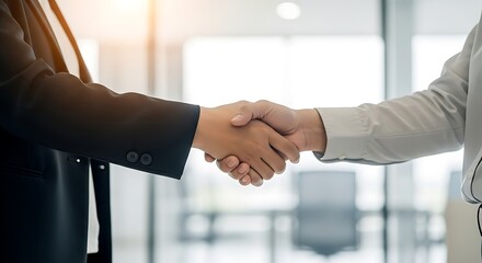 Professional business people shaking hands in a bright office. Concept of partnership agreement, successful deal, and corporate collaboration