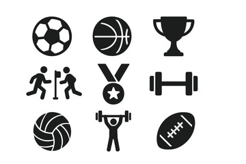 Solid sports icon set including football, basketball, trophy, medal, gym weightlifting, volleyball, competition icons collection for athletic and fitness design.