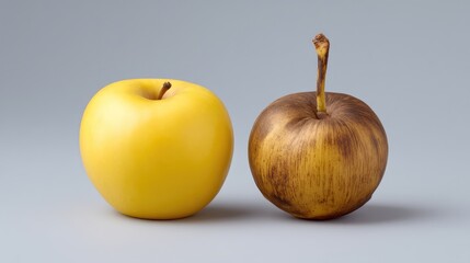A Fresh Yellow Apple Next to a Brown, Overripe Apple on a Neutral Gray Background, Perfect for Illustrating Freshness and Decay in Food Photography
