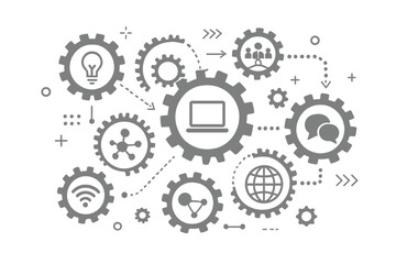 Technology mechanism concept. Gears and cogs infographic. Digital business strategy. Internet network connection. Communication & social media. Teamwork and innovation workflow.