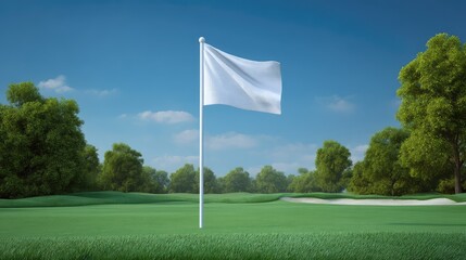 Tranquil Golf Course Landscape Featuring a White Flag on the Green, Surrounded by Lush Trees and a Clear Blue Sky, Ideal for Nature and Sports Imagery