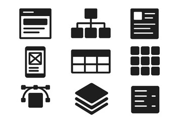UI UX design solid glyph icon set. Web layout, flowchart, diagram, mobile app wireframe, data table, grid, and form. Editable vector layers for web development.
