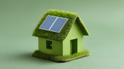 Eco-Friendly Model House with Solar Panels and Grass Roof on a Green Background Representing Sustainable Living and Renewable Energy Concepts