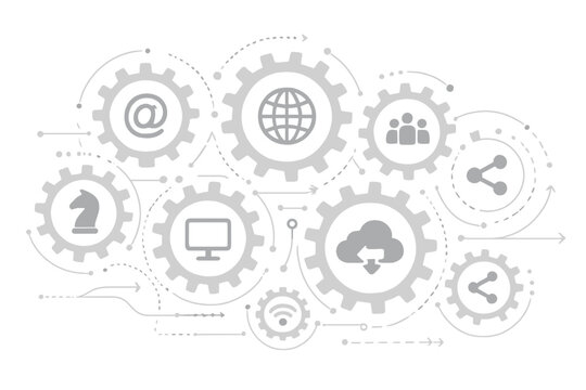 Technology mechanism concept. Abstract vector background with integrated gears. Icons for digital strategy, internet, network, connect, communicate, social media, cloud computing.