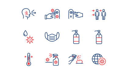 Virus transmission vector icon set. Infographic elements for health safety, disease spread, and prevention. Coronavirus pandemic concept. Hygiene, social distancing, mask icons.