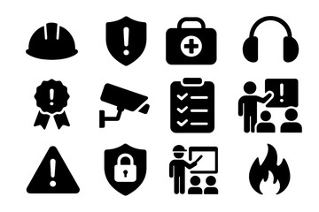 Work safety icon set. Occupational health and safety pictogram collection. Contains hard hat, risk management, first aid kit, ear protection, workplace security, CCTV, and regulation.