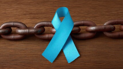 Symbolic blue ribbon on rustic wooden background linked by chains representing support, awareness, and the fight against various issues, focusing on resilience and unity.