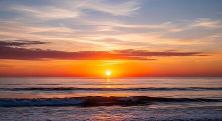 Obraz premium Golden Hour Serenity A Breathtaking Sunset Paints the Ocean Horizon with Fiery Hues and Tranquil Reflections, Evoking Peaceful Evening Beauty