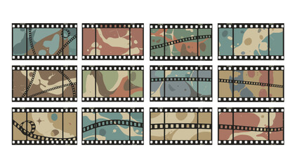 Vector set of super 8 film frames with abstract retro backgrounds. Vintage movie strip collection with grunge texture, scratches, and colorful camouflage liquid art patterns.
