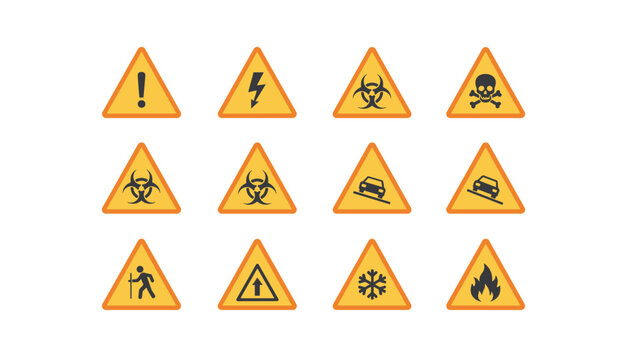 Large vector set of warning triangle signs. Hazard and danger symbols. Includes biohazard, toxic skull, high voltage, fire, steep hill, snow, pedestrian and alert icons.