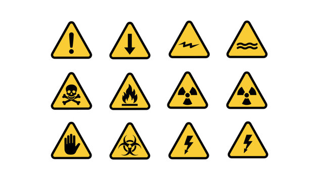 Vector set of warning signs. Collection of hazard symbols in yellow triangles. Danger, safety, and caution icons for flammable, toxic, radiation, biohazard, and high voltage.