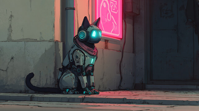 Cyberpunk robotic cat with glowing blue eyes sits on a street at night - Powered by Adobe